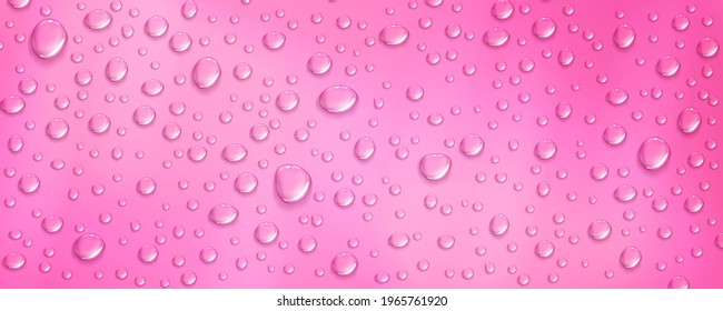 El agua de condensación cae sobre el fondo rosado. Gotas esenciales de aceite en la superficie de rosa. rocío realista, condensado de vapor de ducha o niebla. Ilustración vectorial 3d del fondo rojo húmedo con gotas séricas.