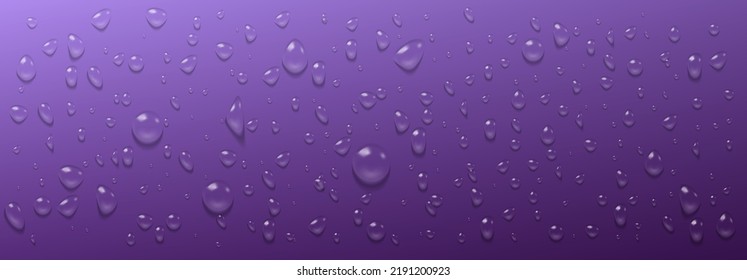 Condensation water drops on purple horizontal background. Rain droplets with light reflection abstract wet texture, scattered pure aqua blobs on violet backdrop, Realistic 3d vector footer or header