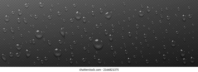 El agua de condensación cae sobre un fondo transparente. Gotas de lluvia con reflexión luminosa sobre la superficie oscura, textura húmeda abstracta, patrón de manchas acuáticas puras dispersas Ilustración vectorial 3d realista