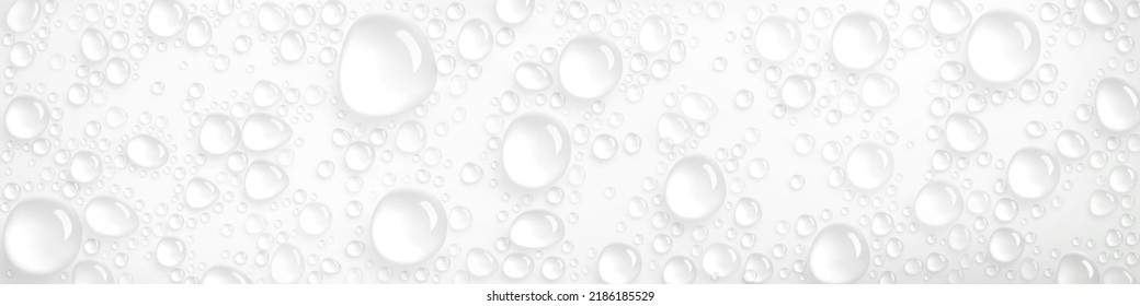 Condensation water drops on white horizontal background. Rain droplets with light reflection abstract wet texture, scattered pure aqua blobs pattern, backdrop, Realistic 3d vector footer or header