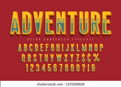 Condensed 3d display font design, alphabet, letters and numbers. Swatch color control