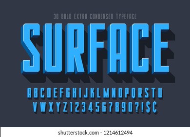 Condensed 3d display font design, alphabet, letters and numbers. Swatch color control