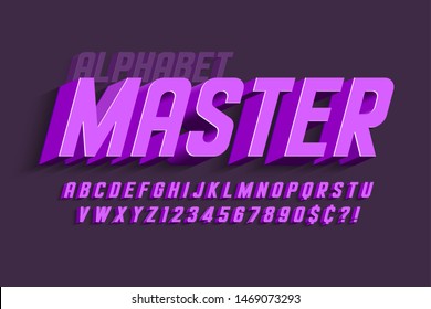 Condensed 3d display font design, alphabet, letters and numbers. Swatch color control 