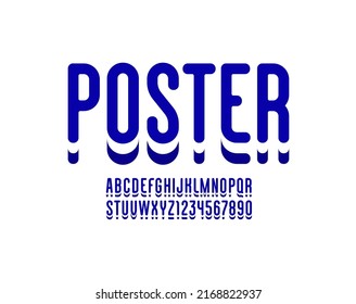 Condensed blue font, rounded narrow alphabet, modern letters and numbers