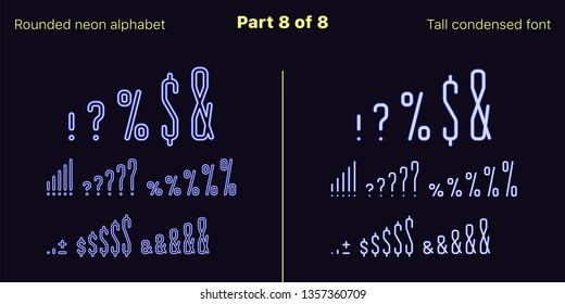 Condensed blue neon font, Rounded. Vector typefaces set in outlined and filled styles, Part 8 of 8. Neon uppercase alphabet with narrow letters, numbers and symbols. For banner and display headlines