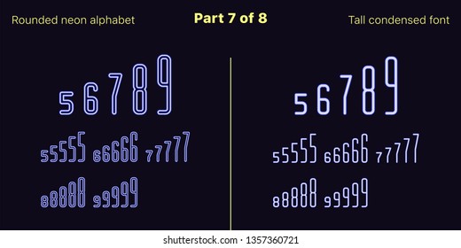Condensed blue neon font, Rounded. Vector typefaces set in outlined and filled styles, Part 7 of 8. Neon uppercase alphabet with narrow letters, numbers and symbols. For banner and display headlines
