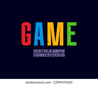 Condensed bold font, high multi-colored alphabet, cutting letters and numbers, for your designs: logo, movie banner, cinema poster or newspaper and more, vector illustration 10EPS