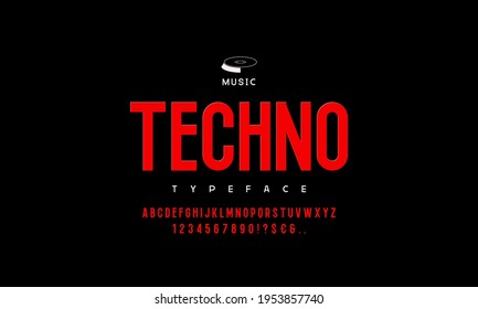 Condensed bold red retro sans serif font. Vector typefaces, uppercase alphabet with letters and numbers, font, typography. Vector illustration