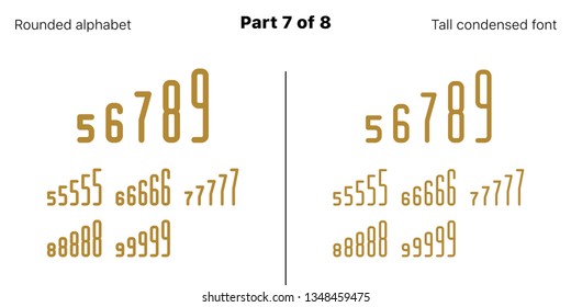 Condensed bold sans serif font, Rounded. Vector golden typefaces, Part 7 of 8. Set of tall uppercase alphabet with narrow letters, numbers and symbols. For poster headline, display and landing page