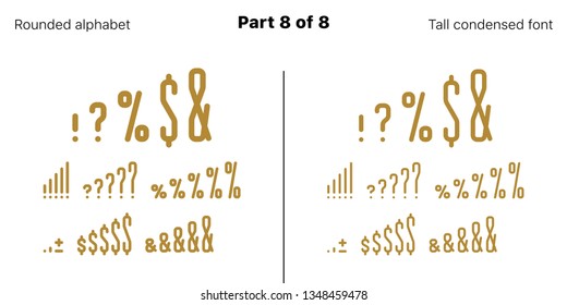 Condensed bold sans serif font, Rounded. Vector golden typefaces, Part 8 of 8. Set of tall uppercase alphabet with narrow letters, numbers and symbols. For poster headline, display and landing page