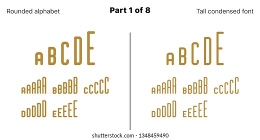 Condensed bold sans serif font, Rounded. Vector golden typefaces, Part 1 of 8. Set of tall uppercase alphabet with narrow letters, numbers and symbols. For poster headline, display and landing page