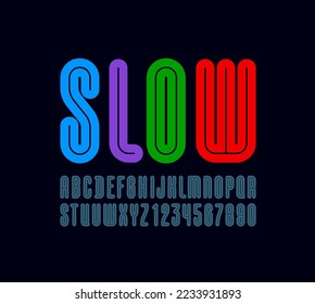 Condensed bright font, rounded long kids alphabet on the black background, child letters and numbers, vector illustration 10EPS