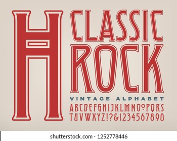 A condensed capitals and numbers alphabet in a classic rock 1970s style of lettering. This font also references type styles from the art deco design period.