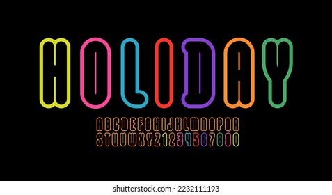 Condensed colored font, long narrow alphabet, modern letters and numbers made of contour style, vector illustration 10EPS