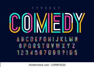 Condensed colorful display font design, alphabet and numbers. Color swatches control