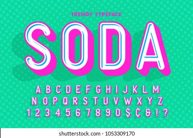 Condensed display font popart design, alphabet, letters and numbers. Swatch color control