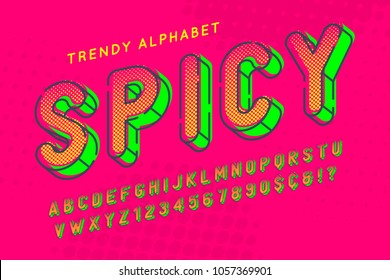 Condensed display font popart design, alphabet, letters and numbers. Swatch color control