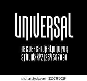 Condensed font, narrow alphabet, modern letters and numbers, for your designs: logo, movie banner, cinema poster, header, title, vector illustration 10EPS