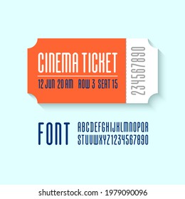 Condensed font, trendy high alphabet sans serif, modern white letters and numbers, for your designs: logo, movie banner, cinema poster and tickets, vector illustration 10EPS