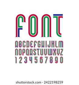 Condensed font, trendy modern multi-colored alphabet, vector letters and numbers