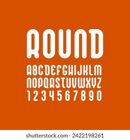 Condensed font, trendy tall bold rounded alphabet, vector letters and numbers