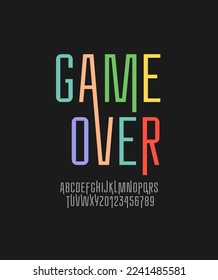 Condensed game font, narrow alphabet, modern letters and numbers, for your designs: logo, movie banner, cinema poster, kids header, child title, vector illustration 10EPS