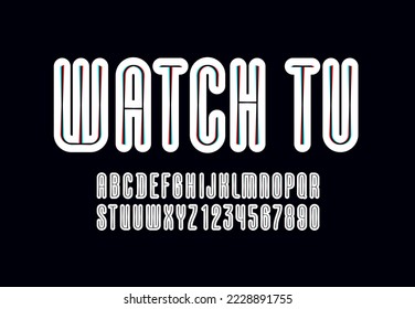 Condensed glitch font, rounded high white alphabet, modern letters and numbers