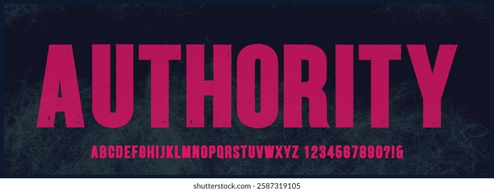 Condensed grunge vector font with texture. Alphabet font with uppercase and number