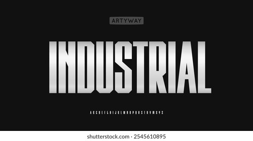 Condensed industrial alphabet, bold tall metallic letters, high metallic font for modern automotive identity, robust utilitarian design, robust typographic style. Vector typeset.