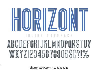 Condensed inline Horizont font, typeface, alphabet. Original typeset for poster design, title, logo. Vector illustration