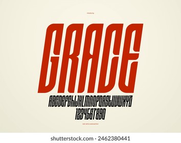Condensed italic sans serif display font for logos headers or slogans, elegant vector tall and beautiful geometric typeface, uppercase letters alphabet with numbers, poster and advertising.