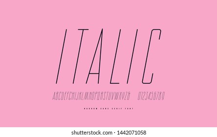 Condensed italic sans serif font. Hair line face. Letters and numbers for logo and label design. Print on pink background