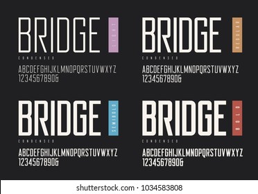 Condensed light regular semibold bold sans serif. Vector typefaces, uppercase alphabet with letters and numbers, font, typography. Global swatches.