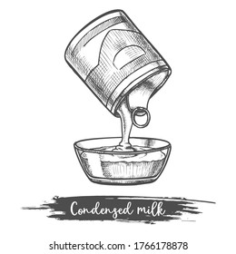 Condensed milk, dairy product sketch, vector hand drawn illustration. Condensed milk in tin can pouring in glass bowl, pencil sketch in black and white hatching, healthy farm dairy products