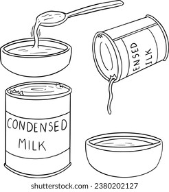 condensed milk element doodle line set, vector set of condensed milk. Freehand drawing, Vector illustration. Set	