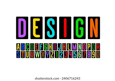 Condensed modern font, rounded narrow alphabet, multi-colored letters and numbers, vector illustration 10EPS