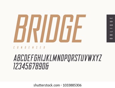 Condensed oblique retro sans serif. Vector typefaces, uppercase alphabet with letters and numbers, font, typography. Global swatches.