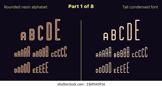 Condensed orange neon font, Rounded. Vector typefaces in outlined and filled styles, Part 1 of 8. Neon uppercase alphabet with narrow letters, numbers and symbols. For banner and display headlines