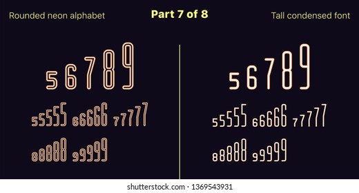 Condensed orange neon font, Rounded. Vector typefaces in outlined and filled styles, Part 7 of 8. Neon uppercase alphabet with narrow letters, numbers and symbols. For banner and display headlines