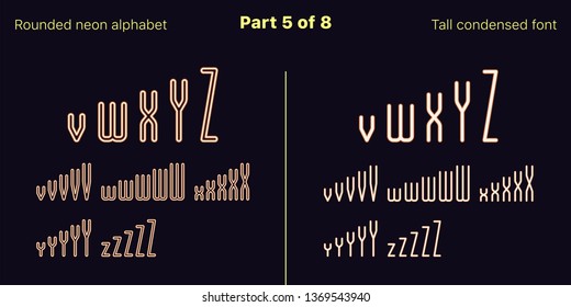 Condensed orange neon font, Rounded. Vector typefaces in outlined and filled styles, Part 5 of 8. Neon uppercase alphabet with narrow letters, numbers and symbols. For banner and display headlines