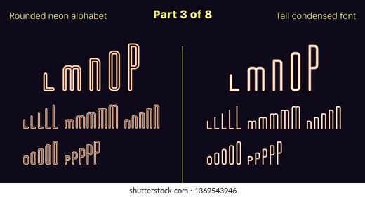 Condensed orange neon font, Rounded. Vector typefaces in outlined and filled styles, Part 3 of 8. Neon uppercase alphabet with narrow letters, numbers and symbols. For banner and display headlines