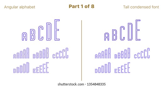 Condensed outlined sans serif font, Angular. Vector blue typefaces, Part 1 of 8. Set of tall uppercase alphabet with narrow letters, numbers and symbols. For poster and brochure headlines