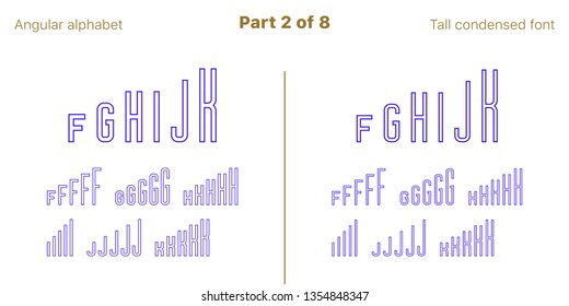 Condensed outlined sans serif font, Angular. Vector blue typefaces, Part 2 of 8. Set of tall uppercase alphabet with narrow letters, numbers and symbols. For poster and brochure headlines