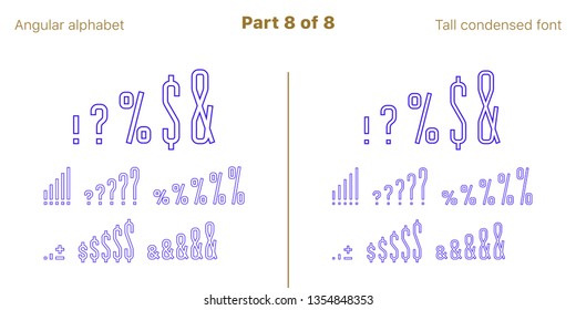 Condensed outlined sans serif font, Angular. Vector blue typefaces, Part 8 of 8. Set of tall uppercase alphabet with narrow letters, numbers and symbols. For poster and brochure headlines
