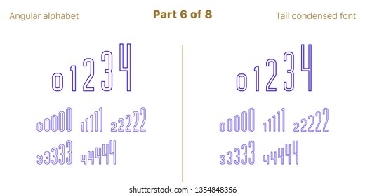 Condensed outlined sans serif font, Angular. Vector blue typefaces, Part 6 of 8. Set of tall uppercase alphabet with narrow letters, numbers and symbols. For poster and brochure headlines