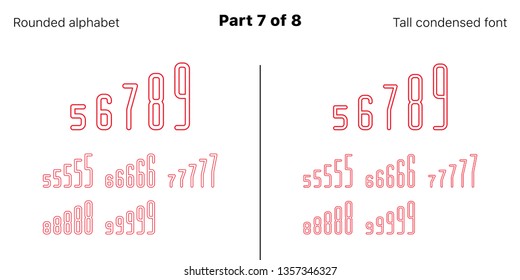 Condensed outlined sans serif font, Rounded. Vector red typefaces, Part 7 of 8. Set of tall uppercase alphabet with narrow letters, numbers and symbols. For poster and brochure headlines