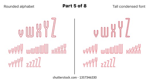 Condensed outlined sans serif font, Rounded. Vector red typefaces, Part 5 of 8. Set of tall uppercase alphabet with narrow letters, numbers and symbols. For poster and brochure headlines