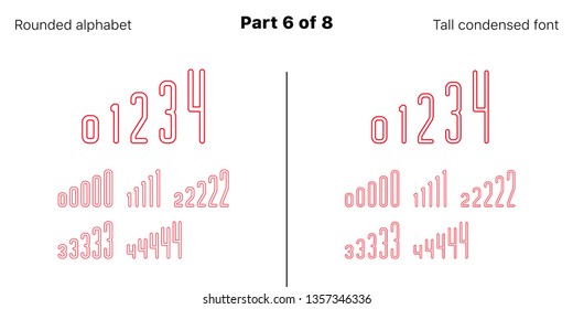 Condensed outlined sans serif font, Rounded. Vector red typefaces, Part 6 of 8. Set of tall uppercase alphabet with narrow letters, numbers and symbols. For poster and brochure headlines