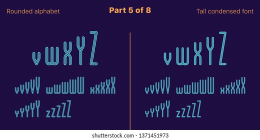 Condensed outlined sans serif font, Rounded. Vector azure typefaces, Part 5 of 8. Set of tall uppercase alphabet with narrow letters, numbers and symbols. For poster and brochure headlines
