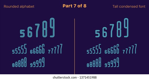Condensed outlined sans serif font, Rounded. Vector azure typefaces, Part 7 of 8. Set of tall uppercase alphabet with narrow letters, numbers and symbols. For poster and brochure headlines